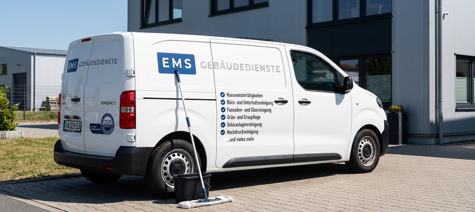 EMS Gebäudedienste Transporter vor einem Firmengebäude