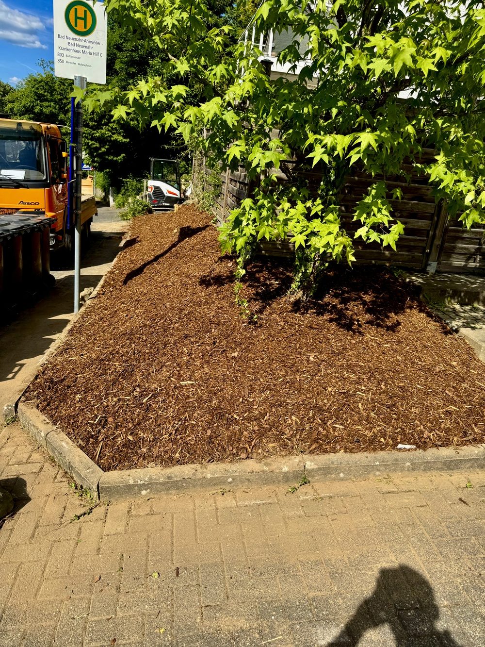 Gepflegtes Beet mit frischem Rindenmulch nach der Gartenpflege durch EMS